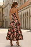 Robe midi noire rose à motifs A-line bretelles avec des perles