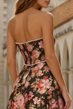 Robe midi noire rose à motifs A-line bretelles avec des perles