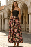 Robe longue fleurie noire sans bretelles imprimée A-line