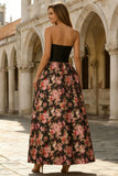 Robe longue fleurie noire sans bretelles imprimée A-line