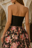 Robe longue fleurie noire sans bretelles imprimée A-line