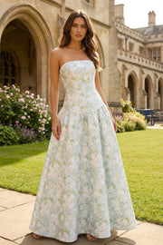 Robe Maxi Aline bleu blanche imprimée fleur blanche sans bustier