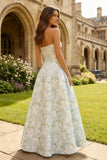 Robe Maxi Aline bleu blanche imprimée fleur blanche sans bustier