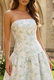 Robe Maxi Aline bleu blanche imprimée fleur blanche sans bustier
