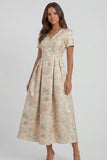 Robe d'invitée de mariage midi imprimé floral bleu et blanc ligne A manches courtes