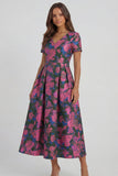 Robe d'invitée de mariage midi imprimé floral bleu et blanc ligne A manches courtes