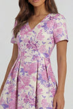 Robe d'invitée de mariage midi imprimé floral bleu et blanc ligne A manches courtes