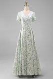 Robe d'invitée de mariage midi imprimé floral bleu et blanc ligne A manches courtes