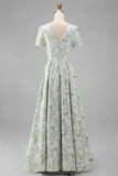 Robe d'invitée de mariage midi imprimé floral bleu et blanc ligne A manches courtes