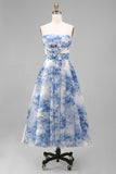 Robe Midi à fleurs blanches, bleu, bretelles en ligne en A,