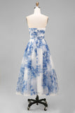 Robe Midi à fleurs blanches, bleu, bretelles en ligne en A,