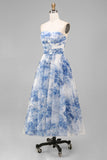Robe Midi à fleurs blanches, bleu, bretelles en ligne en A,