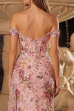 Corset rose à paillettes dénudés Corset de sirène de bal longue robe de bal avec fente