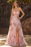 Robe de bal longue à paillettes, corset rose fleuri sans bretelles en ligne en A