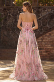 Robe de bal longue à paillettes, corset rose fleuri sans bretelles en ligne en A