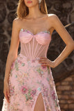 Robe de bal longue à paillettes, corset rose fleuri sans bretelles en ligne en A
