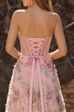 Robe de bal longue à paillettes, corset rose fleuri sans bretelles en ligne en A