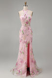 Corset de salops sirène rose à dos nus et paillettes Longue robe de bal avec fente