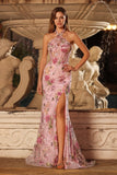Corset de salops sirène rose à dos nus et paillettes Longue robe de bal avec fente