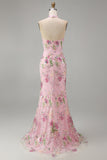 Corset de salops sirène rose à dos nus et paillettes Longue robe de bal avec fente