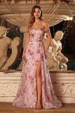 Robe de bal longue à paillettes à paillettes rose rose avec fente