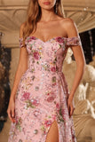 Robe de bal longue à paillettes à paillettes rose rose avec fente