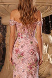 Corset rose transparent décollé aux épaules avec paillettes et longue robe de bal de bal avec fente