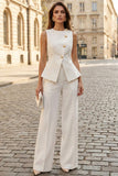 Costume d'affaires femme 2 pièces ivoire col rond simple boutonnage