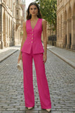 Costumes de travail féminins sans manches en fuchsia à simple poitrine et deux pièces