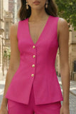 Costumes de travail féminins sans manches en fuchsia à simple poitrine et deux pièces