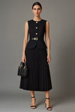 Robe de travail midi noire plissée A Line 2 pièces à col rond