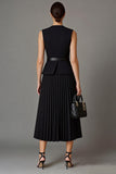 Robe de travail midi noire plissée A Line 2 pièces à col rond