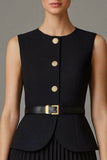 Robe de travail midi noire plissée A Line 2 pièces à col rond