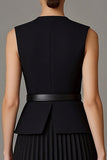 Robe de travail midi noire plissée A Line 2 pièces à col rond