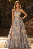 Corset de bal A Short Busty Blue A Line, robe de bal longue sans bretelles avec fente