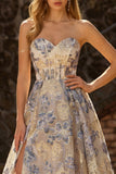 Corset de bal A Short Busty Blue A Line, robe de bal longue sans bretelles avec fente