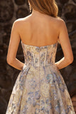 Corset de bal A Short Busty Blue A Line, robe de bal longue sans bretelles avec fente