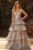 Robe de bal de bal Jacquard bleu poussiéreux Pierre-brette A Line à longues couches avec fente