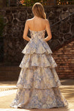 Robe de bal de bal Jacquard bleu poussiéreux Pierre-brette A Line à longues couches avec fente