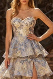 Robe de bal de bal Jacquard bleu poussiéreux Pierre-brette A Line à longues couches avec fente