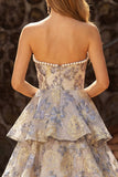 Robe de bal de bal Jacquard bleu poussiéreux Pierre-brette A Line à longues couches avec fente