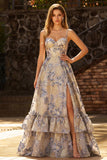 Courtoise de bal longue robe de bal à longues bretelles jacquard bleu poussiéreux à volants Jacquard