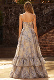 Courtoise de bal longue robe de bal à longues bretelles jacquard bleu poussiéreux à volants Jacquard