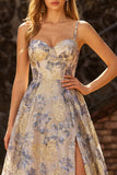 Courtoise de bal longue robe de bal à longues bretelles jacquard bleu poussiéreux à volants Jacquard