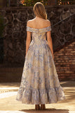 Robe de bal de bal Jacquard A Line Short bleu poussiéreux