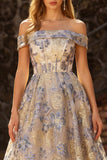 Robe de bal de bal Jacquard A Line Short bleu poussiéreux