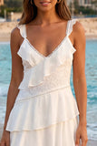 Robe de dîner en col en V en tulle ivoire haut-bas asymétrique avec volants