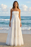 Robe blanche A Strapless A Line Plissée à volants Maxi White