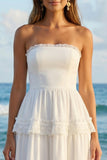 Robe blanche A Strapless A Line Plissée à volants Maxi White