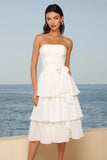 Robe nuptiale nuptiale midi en A-line en Tulle ivoire bustier avec nœud